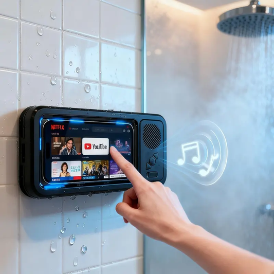 🛁 Limited Offer: All-in-One Waterproof Bluetooth Speaker 🎵 | 360° Rotating Touchscreen & Phone Holder | Perfect for Shower, Pool & Kitchen!